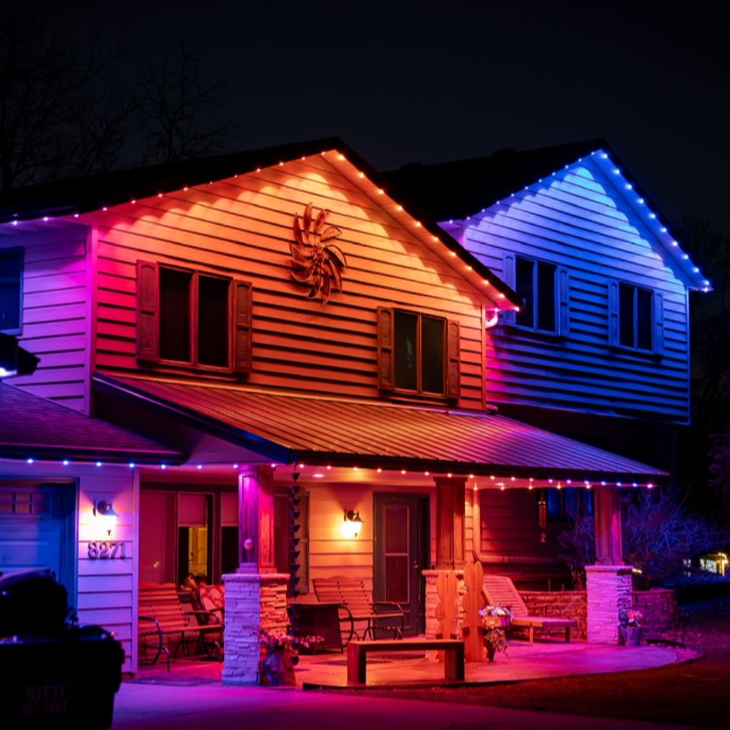 Home lit in pink, orange and blue permanent LED colors
